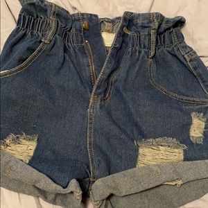Ripped paper bag waist denim shorts